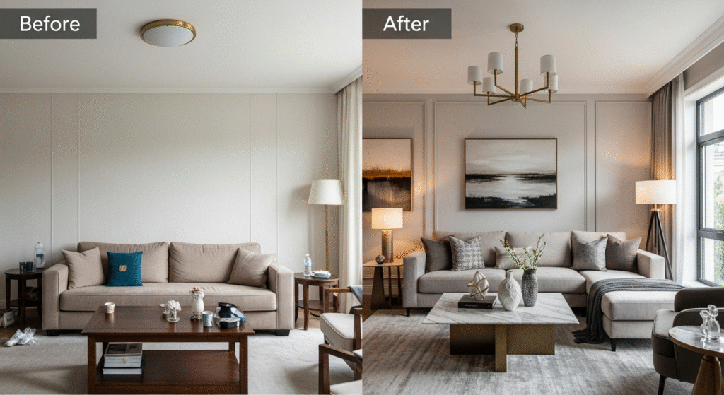 “Before and after luxury interior makeover of a 3 BHK apartment in Bengaluru by Renew Interior”